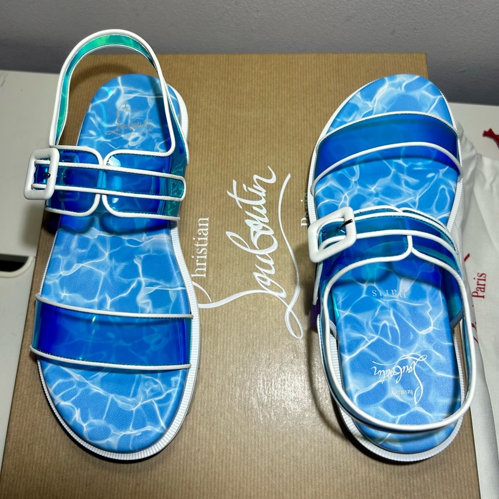 NEW CHRISTIAN LOUBOUTIN DUNISS COOL SANDALS IRIDESCENT BLUE/WHITE LUG SOLE SZ 37 - Picture 7 of 16